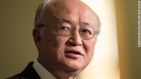 Yukiya Amano, Director General of the International Atomic Energy Agency (IAEA), speaks at the Carnegie International Nuclear Policy Conference in Washington, DC, on March 23, 2015.    AFP PHOTO/NICHOLAS KAMM        (Photo credit should read NICHOLAS KAMM/AFP/Getty Images)