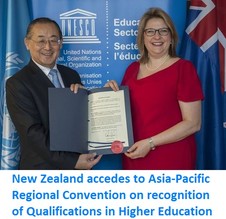 New Zealand accedes to Asia-Pacific Regional Convention on recognition of Qualifications in Higher Education
http://www.unesco.org/new/en/media-services/single-view/news/new_zealand_accedes_to_asia_pacific_regional_convention_on_recognition_of_qualifications_in_higher_education/#.VsPnPOafc26