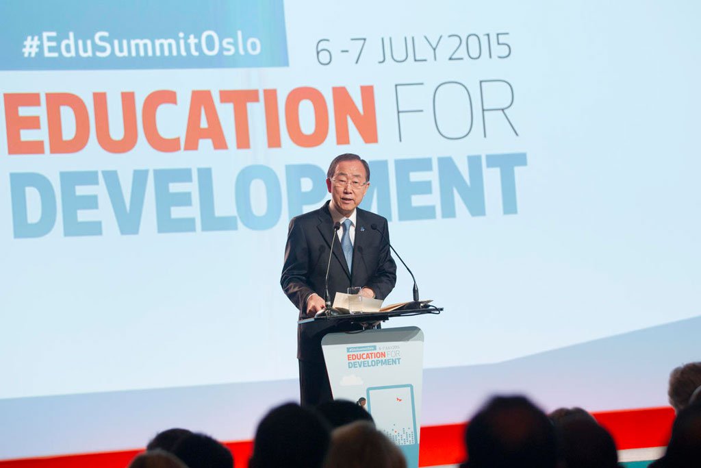 Secretary-General Ban Ki-moon addresses the opening of the Oslo Summit on Education for Development. UN Photo/Rick Bajornas