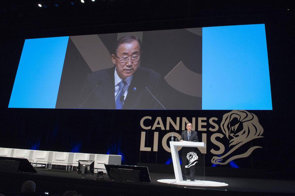 Photo: Secretary-General Ban Ki-moon delivers keynote address at "The Cannes Debate" at Palais des Festivals, France. UN Photo/Eskinder Debebe
