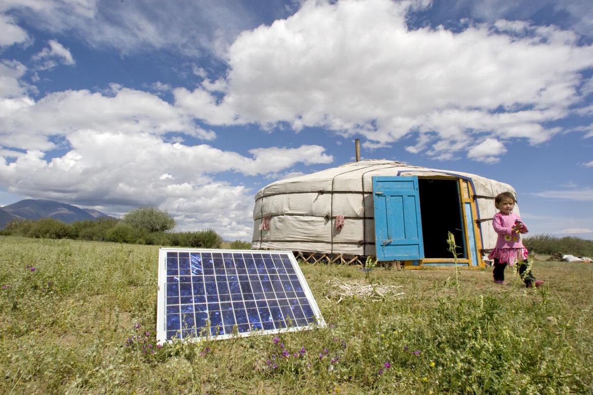 Photo: A family in Tarialan, Uvs Province, Mongolia, uses a solar panel to generate power for their ger, a traditional Mongolian tent. UN Photo/Eskinder Debebe.