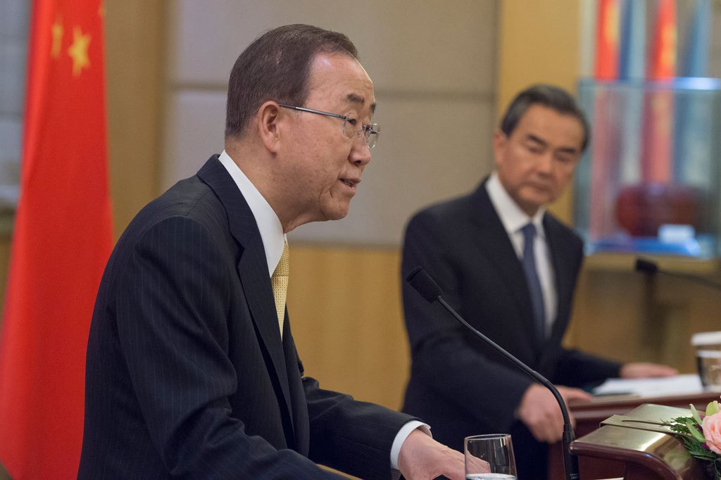 Photo: Secretary-General Ban Ki-moon (left) addresses a joint press conference with Wang Yi, Minister for Foreign Affairs of the People’s Republic of China. UN Photo/Eskinder Debebe