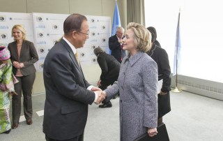 Secretary-General Ban Ki-moon (left) meets with former United States Secretary of State, Hillary Rodham Clinton, at the 59th Commission on the Status of Women side-line gathering. UN Photo/Mark Garten