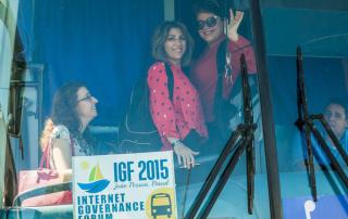 Photo: Participants get on the bus for Day 0 of the Internet Governance Forum in Joao Pessoa, Brazil.