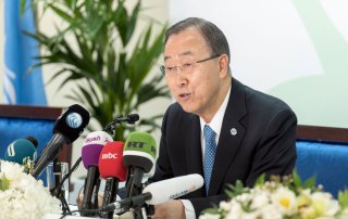 Photo: In Dubai, UN Secretary-General Ban Ki-moon speaks with reporters at the launch of the High-Level Panel report on Humanitarian Financing, 17 January 2016.