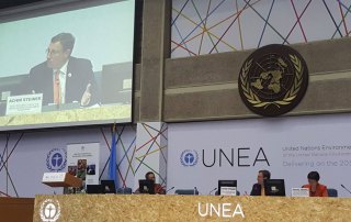 Photo: UNEP Executive Director Achim Steiner (on monitor) addresses the second United Nations Environment Assembly. Photo: UNEP