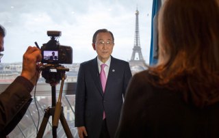 UN Secretary-General Ban Ki-moon speaks to the UN News Centre ahead of the UN climate change conference, COP21, in Paris, France. UN Photo/Rick Bajornas