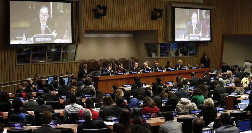 Secretary-General Ban Ki-moon (on screens) addresses Youth Forum at UN Headquarters in New York. UN Photo/Evan Schneider