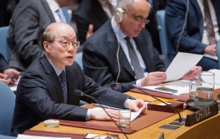 安理会4月轮值主席、中国常驻联合国代表刘结一资料图片。联合国/Rick Bajornas