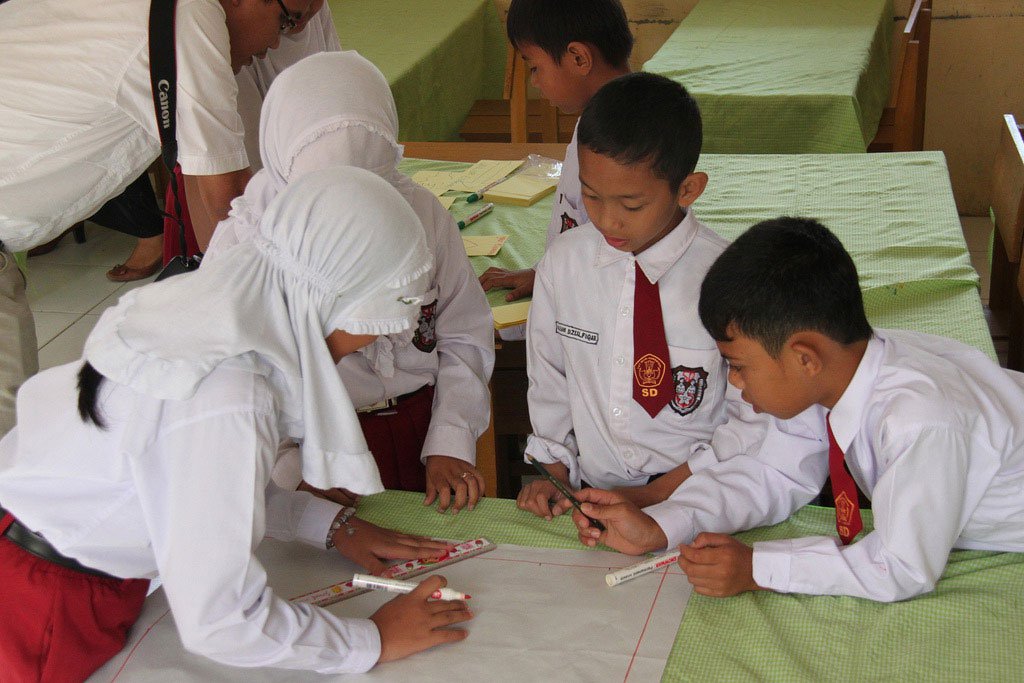 Escolares en Aceh, Indonesia, dibujan un mapa de riesgos, como parte del plan de preparación para la reducción de desastres en su comunidad. Foto PNUD Indonesia