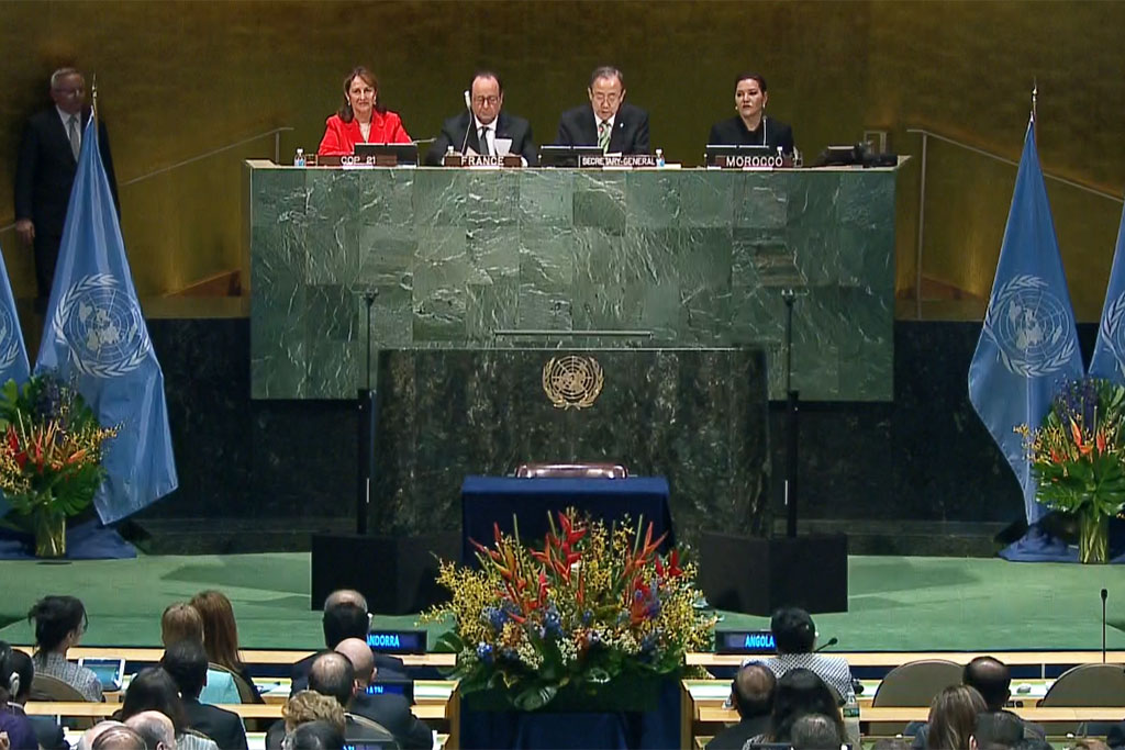 Imagen de la Asamblea General de la ONU en la ceremonia de firma del Acuerdo de Paris, 22 de abril de 2016. Captura de video UN TV