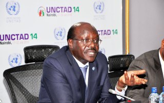 Photo: Mukhisa Kituyi, Secretary-General of the UN Conference on Trade and Development (UNCTAD), speaks at a press briefing at UNCTAD 14.