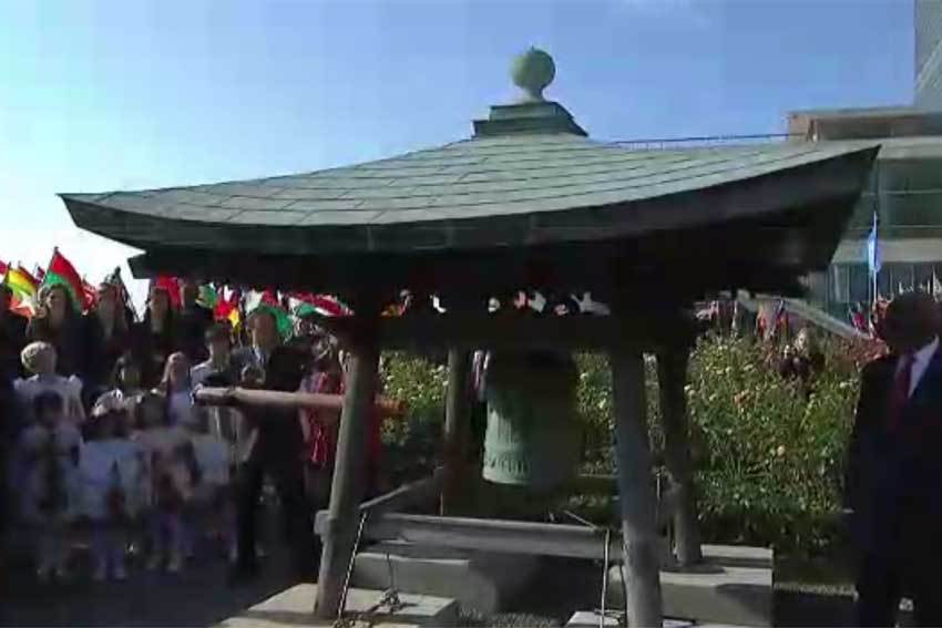 Photo: Secretary-General Ban Ki-moon at the Peace Bell Ceremony on the occasion of the International Day of Peace 2014. Credit: UN Webcast video capture