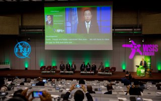 Photo: Ban Ki-moon (on screen), delivers video message to the opening of the annual UN World Summit on the Information Society (WSIS) in Geneva.
