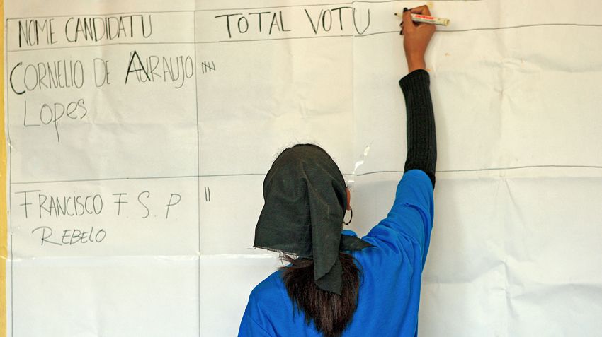 Un trabajador electoral contando votos en la segunda elección del Consejo Nacional de la aldea del 9 de octubre de 2009 en Dili, Timor-Leste.