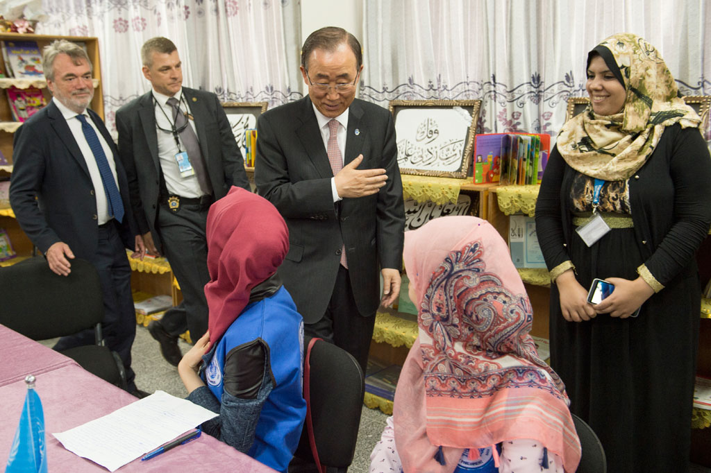 On 28 June 2016, Secretary-General Ban Ki-moon (centre) visits a school in Gaza run by the UN Relief and Works Agency for Palestine Refugees in the Near East (UNRWA). UN Photo/Eskinder Debebe
