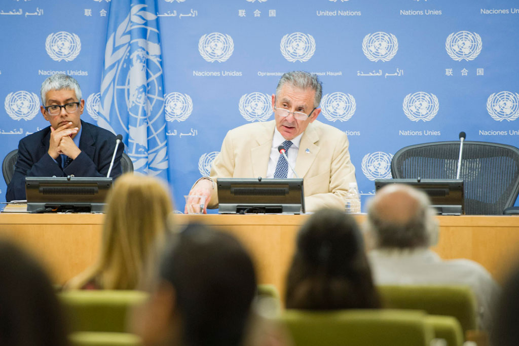 Jean-Paul Laborde, Executive Director of the UN Counter-Terrorism Committee Executive Directorate (CTED), briefs press on flow of foreign terrorist fighters and recent terror attacks. UN Photo/Rick Bajornas