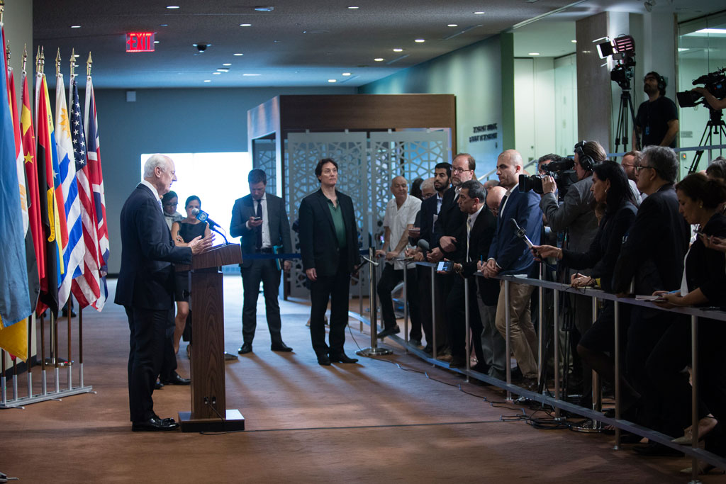 Staffan de Mistura, UN Special Envoy for Syria, speaks to journalists following his closed-door briefing to the Security Council. UN Photo/Manuel Elias