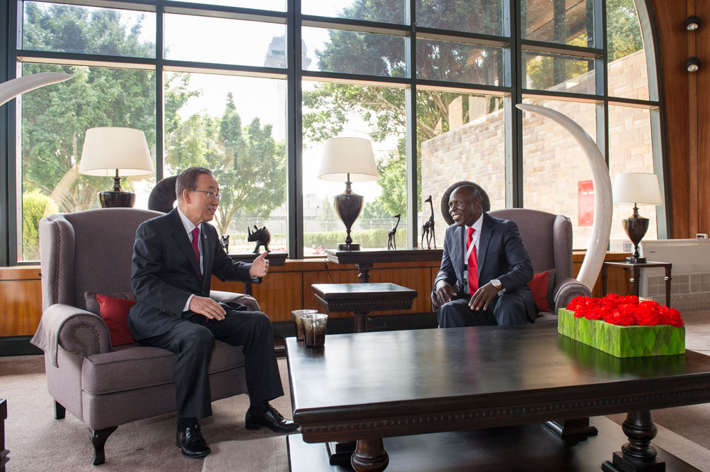 Secretary-General Ban Ki-moon (left) meets with Willy Bett, Cabinet Secretary of the Ministry of Agriculture, Livestock and Fisheries of the Republic of Kenya, on the margins of the the fourteenth session of the UN Conference on Trade and Development (UNCTAD). UN Photo/Rick Bajornas