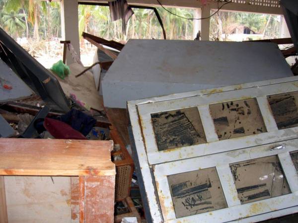 Destroyed school library in Kahawa, Sri Lanka