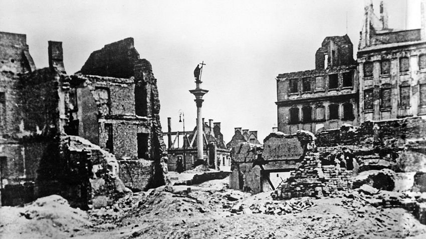 The city of Warsaw, Poland in ruins after World War Two.