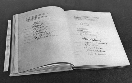 A signatory page of the United Nations Charter, passed unanimously and signed by all the representatives of UN Member States, came into force 24 October 1945.