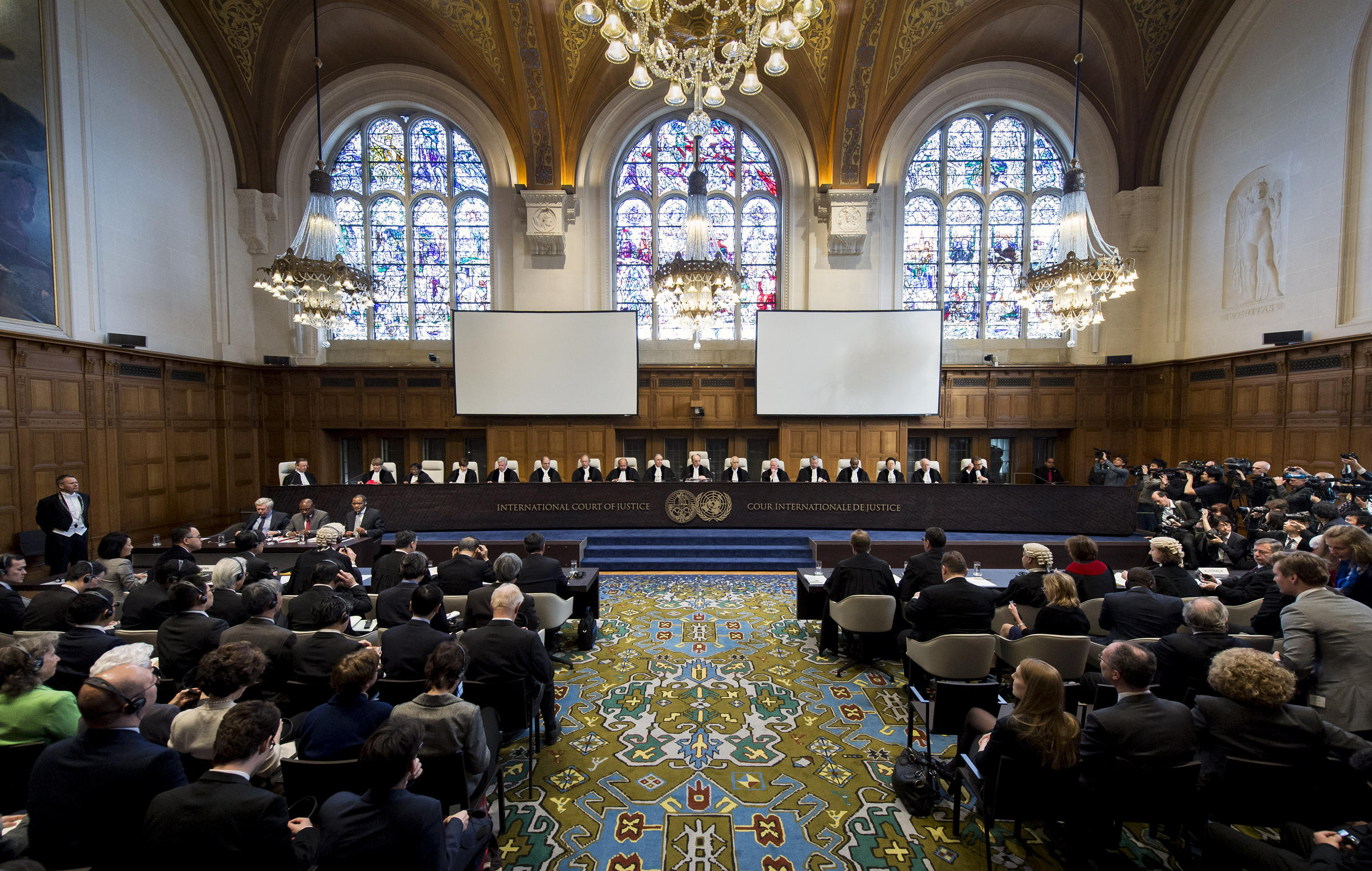 A view of the judges of the ICJ during the session at which the court delivered its judgment.