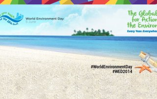Graphic containing illustration of beach. Text reads "World Environment Day 5 June. Raise your voice not the sea level. The Global Day for Action for the Environment. Every Year. Everywhere. Everyone. #WorldEnvironmentDay #WED2014."