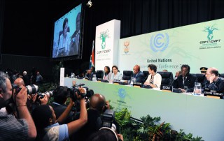 Photo of the podium on the opening day of the UN Climate Change Conference in Durban, South Africa.