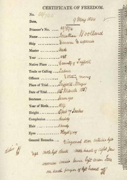 Certificate of Freedom: Jonathon Woollard, 1844.