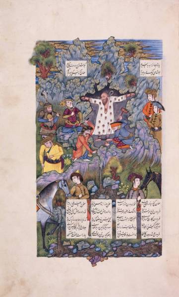 The tyrant Zahhak, is nailed to the walls of a cave in Mount Damavand