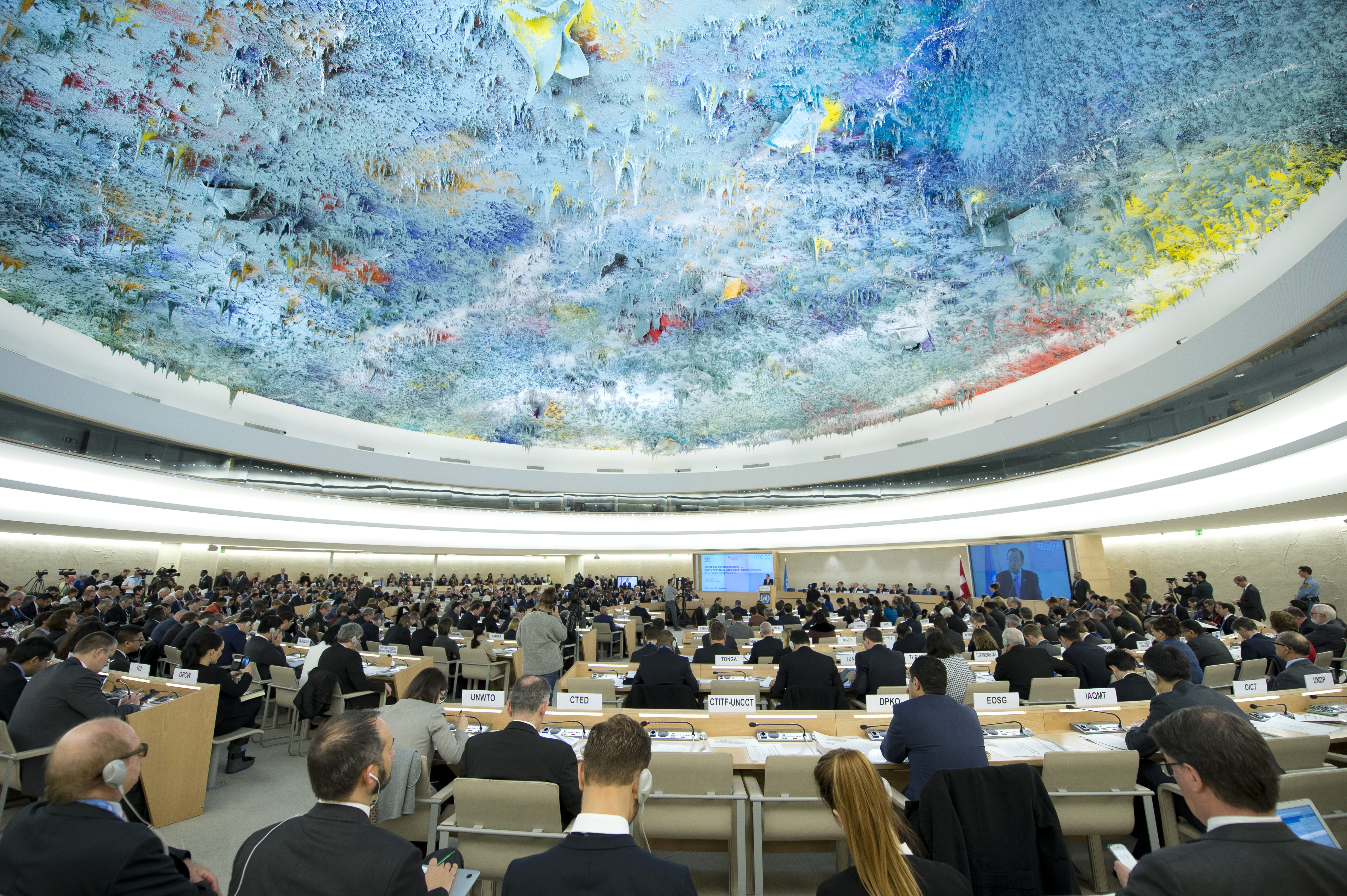 A wide view of the Human Rights and Alliance of Civilizations Room at the Palais des Nations