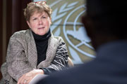 Jane Holl Lute, Special Coordinator on improving the United Nations response to sexual exploitation and abuse, gives an interview for the UN News and Media Division's news outlets.  UN Photo/Mark Garten