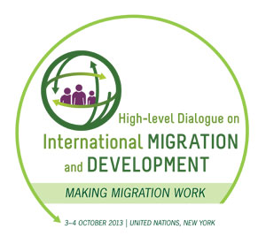 A visual identity created for the High-level meeting of the General Assembly on migration and development with the text 'Making Migration Work' and a globe with human figures and arrows pointing in different directions