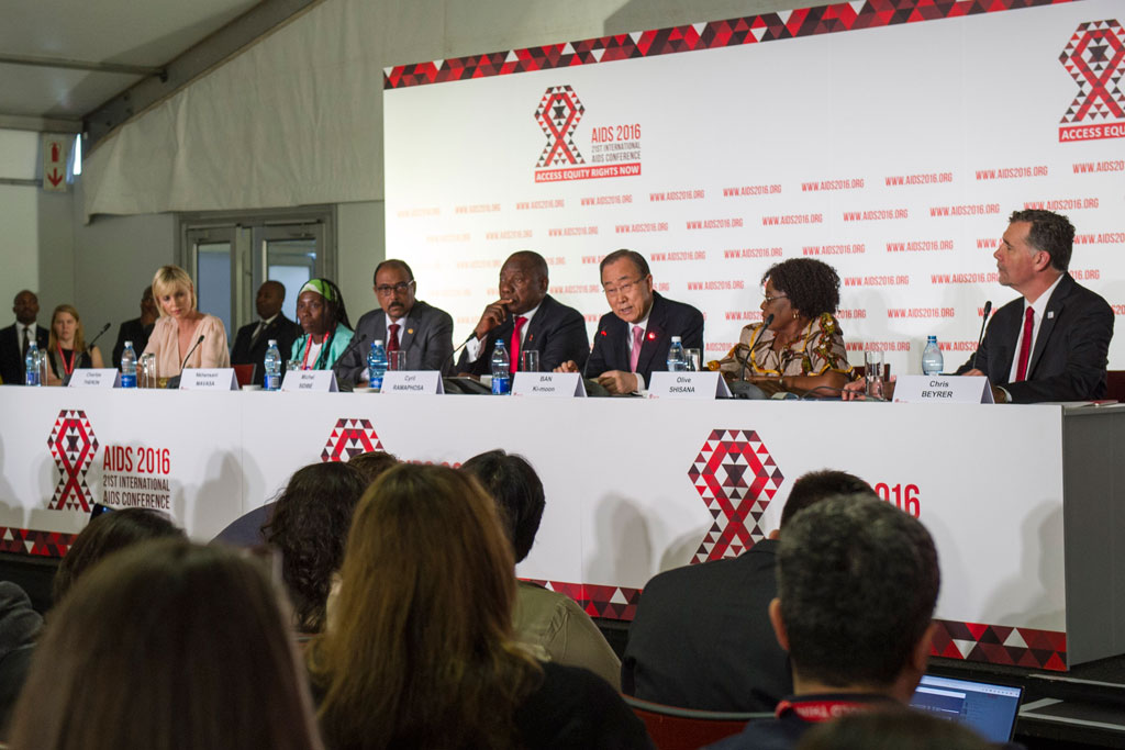 Secretary-General Ban Ki-moon (3rd right) speaks at the opening press conference of the 21st International AIDS Conference (AIDS 2016), in Durban, South Africa. UN Photo/Rick Bajornas