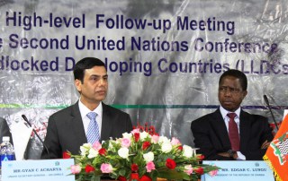 High Representative for the Least Developed Countries, Landlocked Developing Countries and Small Island Developing States, Gyan Chandra (left) and President Edgar Lungu of Zambia at the high-level meeting with representatives from the world’s 32 Landlocked Developing Countries in Livingstone, Zambia. Photo: UN Zambia