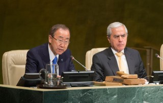 Secretary-General Ban Ki-Moon (left) and the Actaing President of the General Assembly Álvaro José Costa de Mendonça e Moura at the Assembly’s commemoration of the 20th anniversary of the World Programme of Action for Youth