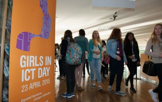 Participants arrive at Girls in ICT Day 2015, which was held at ITU Headquarters, Geneva