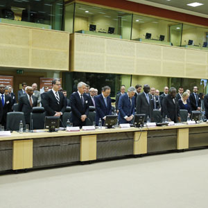 Secretary-General Ban Ki-moon addressed the International Conference for the Prevention of Genocide held in Brussels. Participants observe a moment of silence to honour all victims of genocide. 