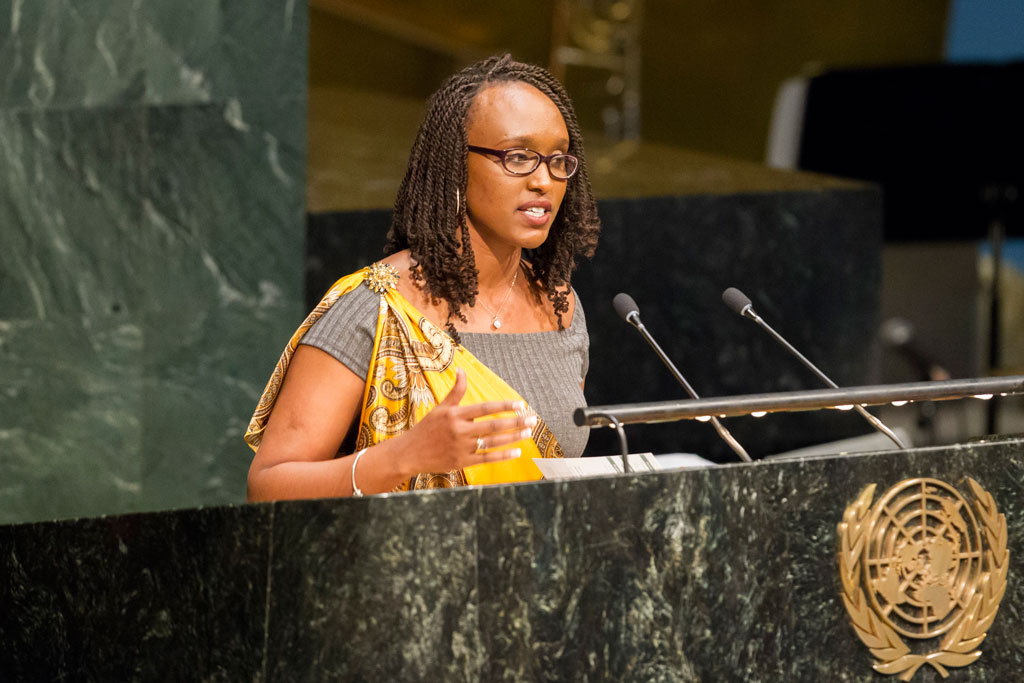 Frida Umuhoza, survivor and author of “Frida: Chosen to Die, Destined to Live.” addresses the annual commemoration of the International Day of Reflection on the Genocide in Rwanda (7 April). UN Photo/Loey Felipe