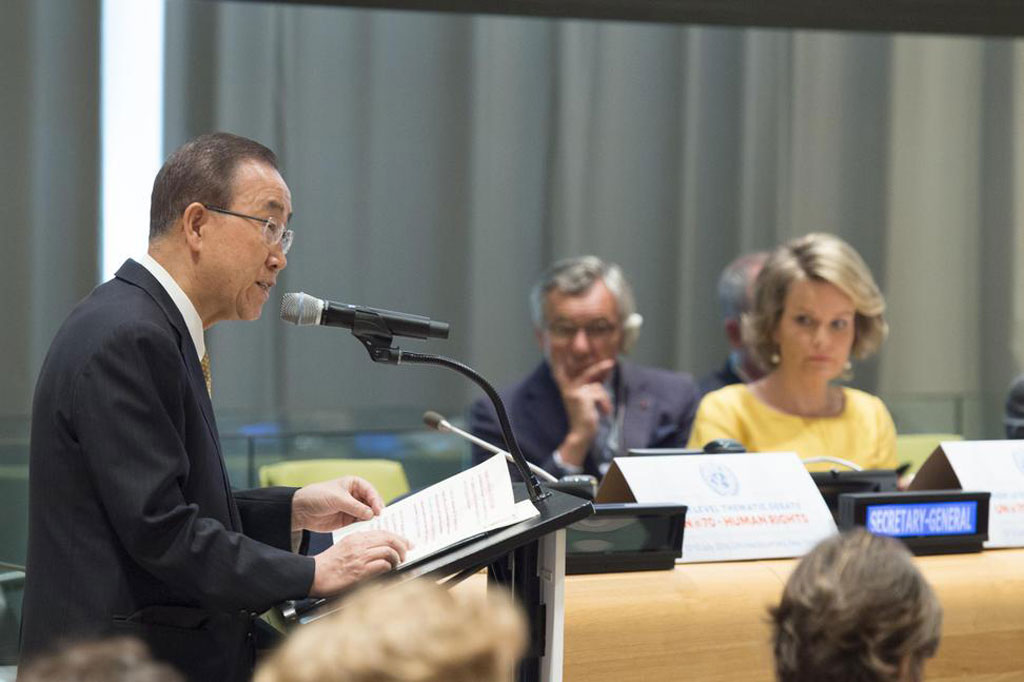 Secretary-General Ban Ki-moon (left) addresses the General Assembly at the opening of its High-level thematic debate entitled UN@70 – Human rights at the centre of the global agenda. UN Photo/Eskinder Debebe
