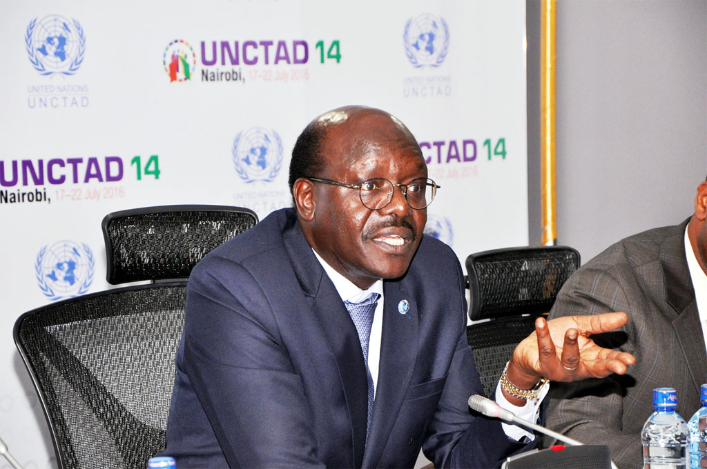 Secretary-General of the UN Conference on Trade and Development (UNCTAD), Mukhisa Kituyi, during a press briefing at UNCTAD 14. Photo: Joseph Kiptarus