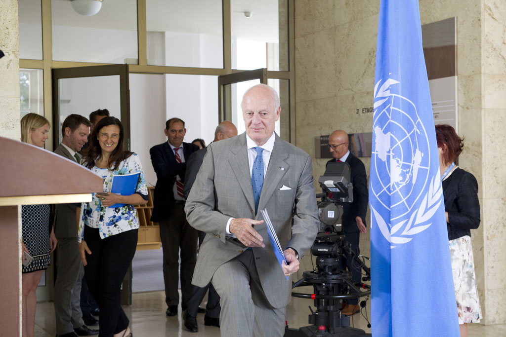 Staffan de Mistura, UN Special Envoy for Syria briefs the press in Geneva. UN Photo/Violaine Martin