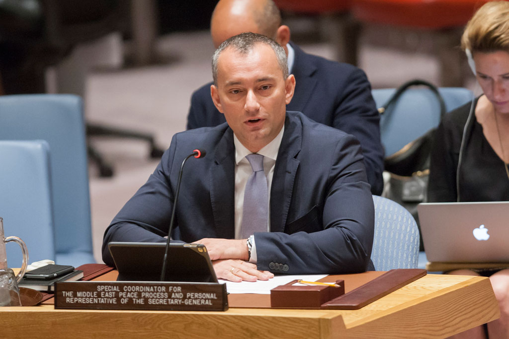 Nickolay Mladenov, UN Special Coordinator for the Middle East Peace Process and Personal Representative of the Secretary-General to the Palestine Liberation Organization and the Palestinian Authority, briefs the Security Council. UN Photo/Loey Felipe