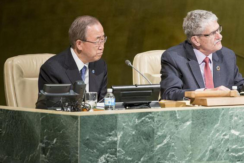 Secretary-General Ban Ki-moon (left) and General Assembly President Mogens Lykketoft during a meeting on the fifth review of the UN Global Counter-Terrorism Strategy. UN Photo/Manuel Elias