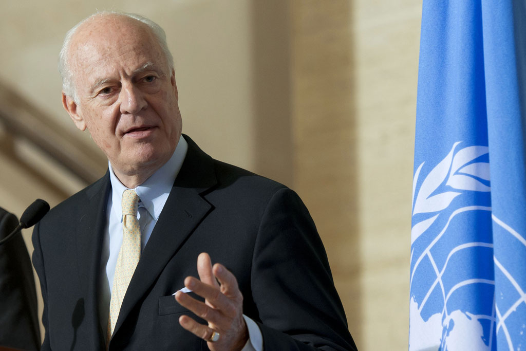 Staffan de Mistura, UN Special Envoy for Syria at a press conference after meeting with the ISSG Humanitarian Access Task Force.  (file) UN Photo/Jean-Marc Ferré