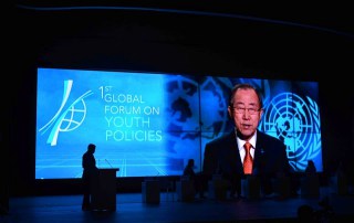 Secretary-General Ban Ki-moon delivers a video message to the First Global Forum on Youth Policies in Azerbaijan. Photo: Youth Policy Forum