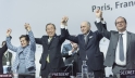 Secretary-General Ban Ki-moon (second left) Christiana Figueres (left), the then Executive Secretary of the UN Framework Convention on Climate Change Laurent Fabius (second right), Foreign Minister of France and President of the UN Climate Change Conferen
