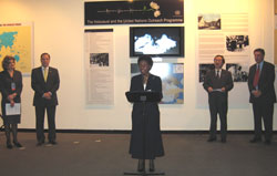 Deputy Secretary-General Ms. Asha-Rose Migiro officially opened the exhibit at UN Headquarters on 30 January 2008.  She was joined by (from left to right) Ms. Marylene Smeets, Special-Assistant to the Special Advisor of the Secretary-General on the Prevention of Genocide; Ambassador Dan Gillerman, Permanent Representative of Israel to the United Nations; Mr. Kiyo Akasaka, Under-Secretary-General for Communications and Public Information; and Dr. Peter Black, Senior Historian, United States Holocaust Memorial Museum who provided expert advice on the exhibit’s text. Photo/Savina La Scalea