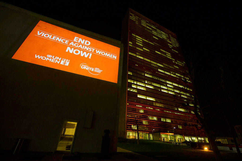 United Nations Secretariat shines in orange light kicking off Orange YOUR Neighbourhood anti-violence campaign for the International Day to End Violence against Women. November 2014. UN Photo/E. Debebe